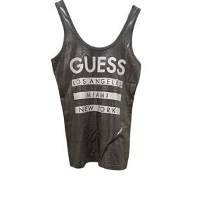 GUESS Metallic Front Logo Tank Top Sz LG Gray Jersey Scoop Neck Sleeveless